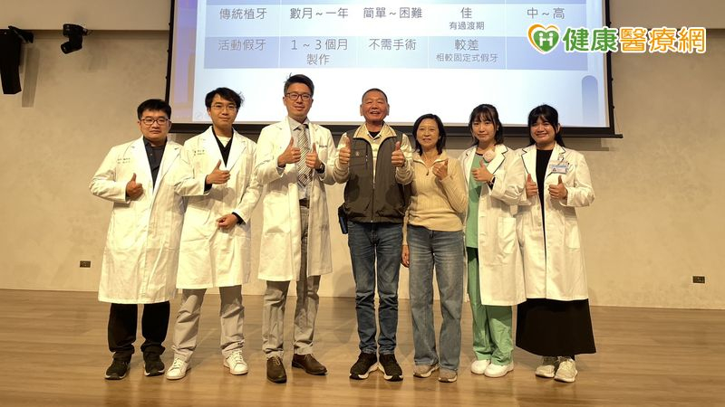 中醫大市醫牙醫部口腔顎面外科施皓醫師（左三）指出，中高齡族群常因牙周病、齲齒、顏面外傷或癌症治療，導致缺牙與齒槽骨喪失，影響咬合及咀嚼功能。