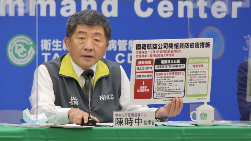 中央疫情指揮中心今(28)表示，指揮中心12月26日審查交通部送出的「國籍航空公司實施機組人員防疫健康管控措施作業原則」，指揮中心要求在航空公司強化外站管制、機上全程防護、持續派飛管理及查核機制下，長程航班或入境他國的機組員，返國後必須完成7天居家檢疫且安排採檢陰性後才能進入社區，且第8天至第14天還應遵循加強版自主健康管理。