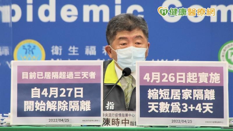 指揮官陳時中表示，即日起，居隔天數由10天縮短為3+4天（居隔3天、自主防疫4天），4/27起若已滿3天即可解除隔離，未來疫情規模若越來越大，會考慮再予以適時簡化。