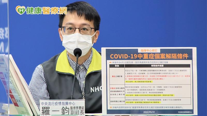 羅一鈞表示，重症若距發病日、採檢日達15天，且1次追蹤PCR的Ct值在27至30間，可以經過評估提早解隔、轉出專責病房。