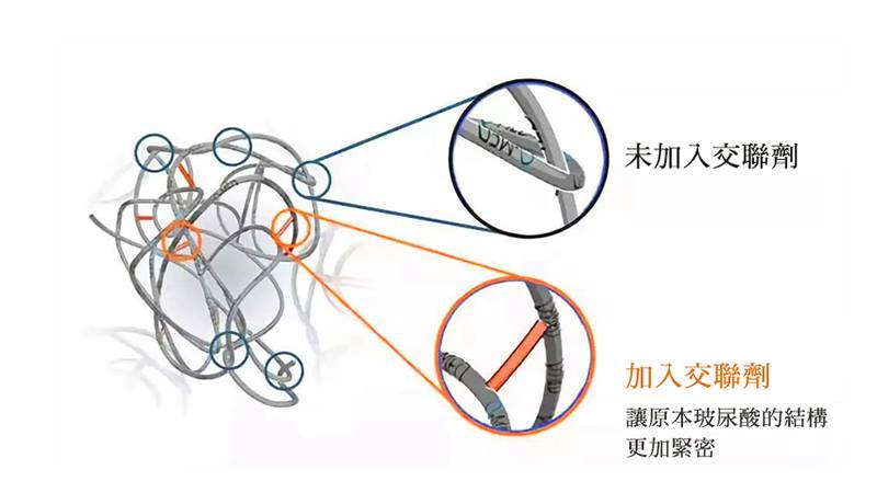 玻尿酸本身像一條條的細繩，製作成針劑時需要加入交聯劑，交聯劑能使這些玻尿酸細繩連結起來，讓原本玻尿酸鬆散的結構變得更加緊密