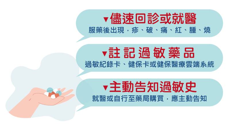 服藥後觀察,有無出現「疹、破、痛、紅、腫、燒」症狀