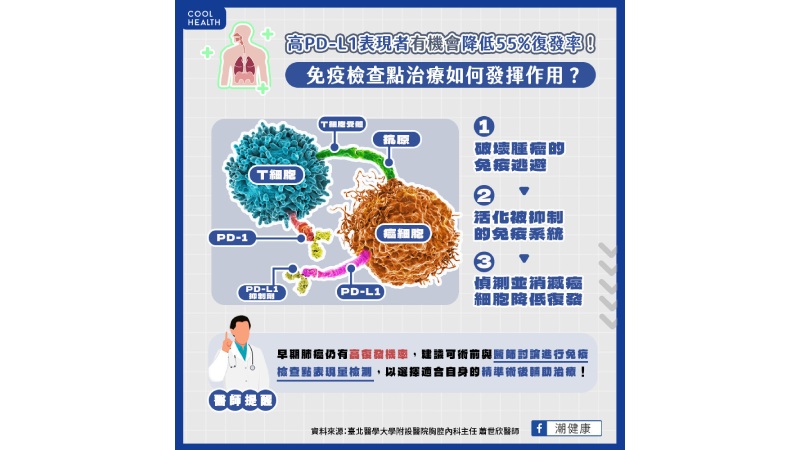阻斷腫瘤剎車最佳可降55%復發率！  免疫治療PD-L1抑制劑助早期肺癌拚治癒