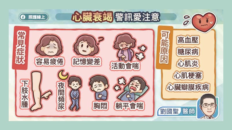 心臟衰竭包括心肌梗塞、瓣膜性心臟病、心肌炎、心肌病變、心律不整、高血壓、糖尿病、高血脂等。
