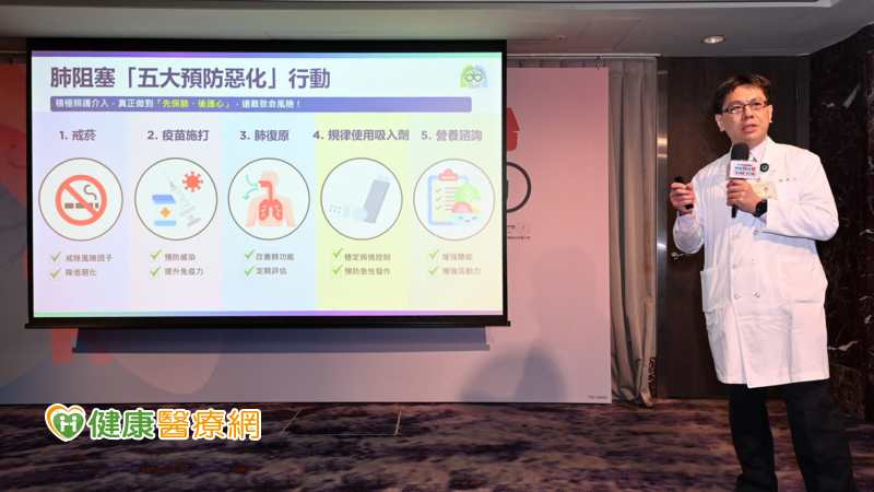 肺阻塞首重「五大抗惡化行動」— 戒菸、規律使用吸入劑、疫苗接種、肺復原、營養補充,則是讓病人真正走上穩定病程、避免惡化的核心策略,真正做到「先保肺、後護心」,遠離致命風險。