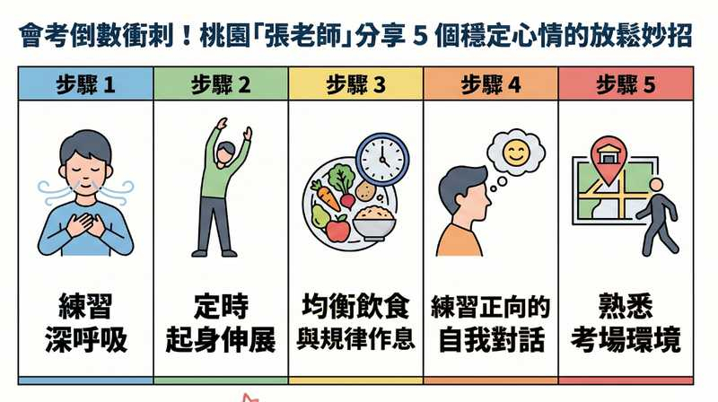 桃園「張老師」分享5個放鬆方法幫助大家在最後關頭保持穩定心情。圖：桃園張老師提供