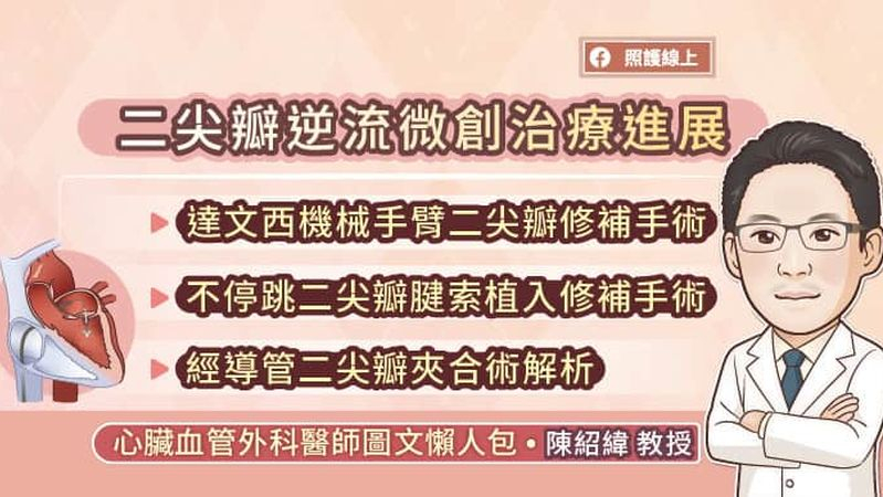 二尖瓣逆流微創治療進展，達文西機械手臂二尖瓣修補手術、不停跳二尖瓣腱索植入修補手術、經導管二尖瓣夾合術解析
