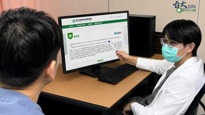 新竹台大分院急診醫學部醫師陳麒心向病人說明登革熱症狀及重症警訊，提醒民眾提高警覺，出現疑似症狀應及早就醫。圖：新竹台大分院提供